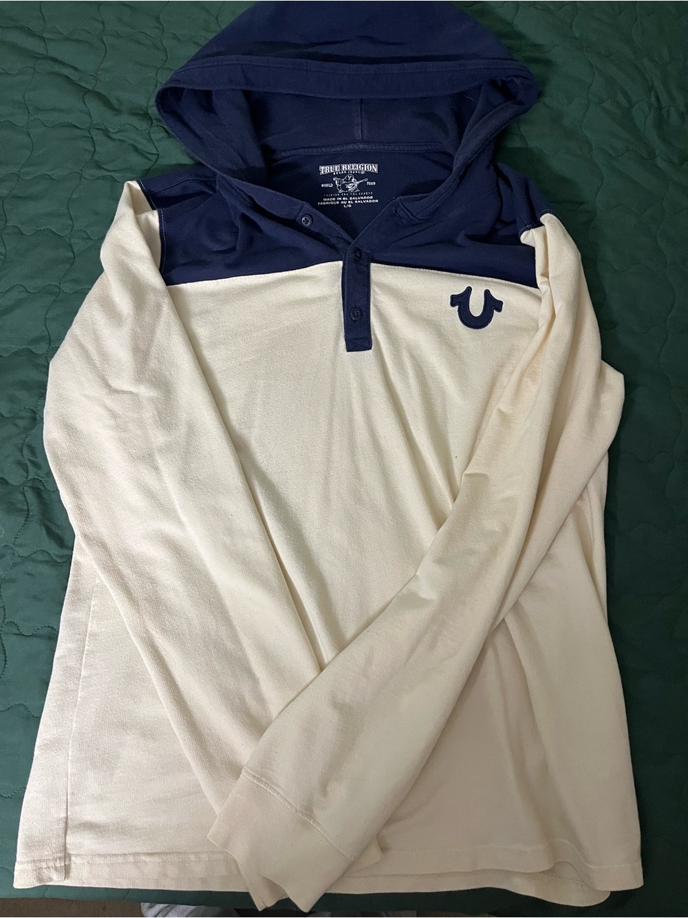 True Religion Men’s Two-Tone Navy and Cream Hooded Sweater